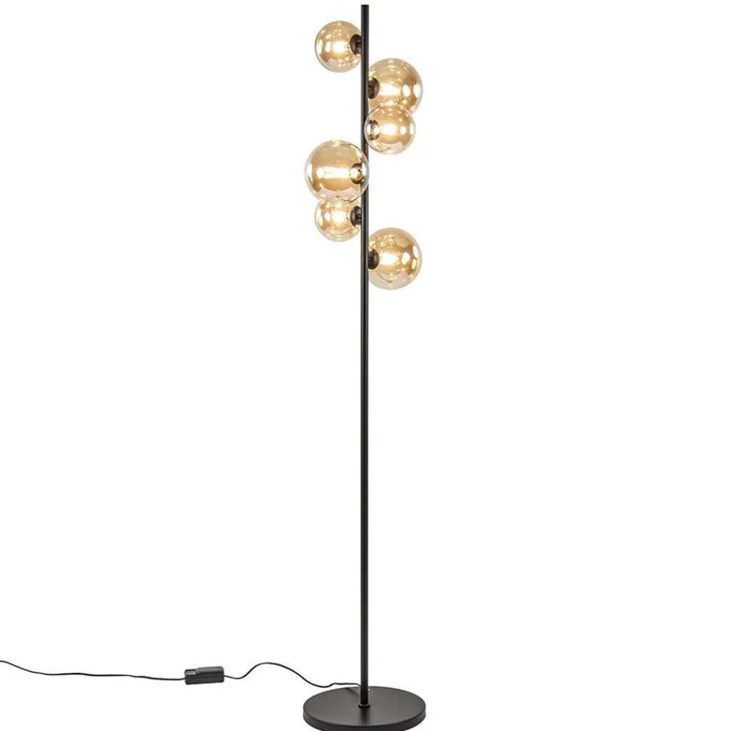 Straluma Art Deco vloerlamp zwart met amber glazen bollen> Woonkamerlampen|Vloerlampen