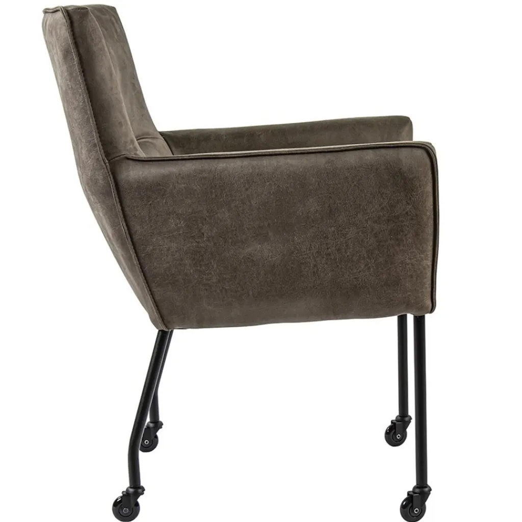 Straluma Bull lederen armstoel liver met wieltjes en zwarte poot> Eetkamerstoelen