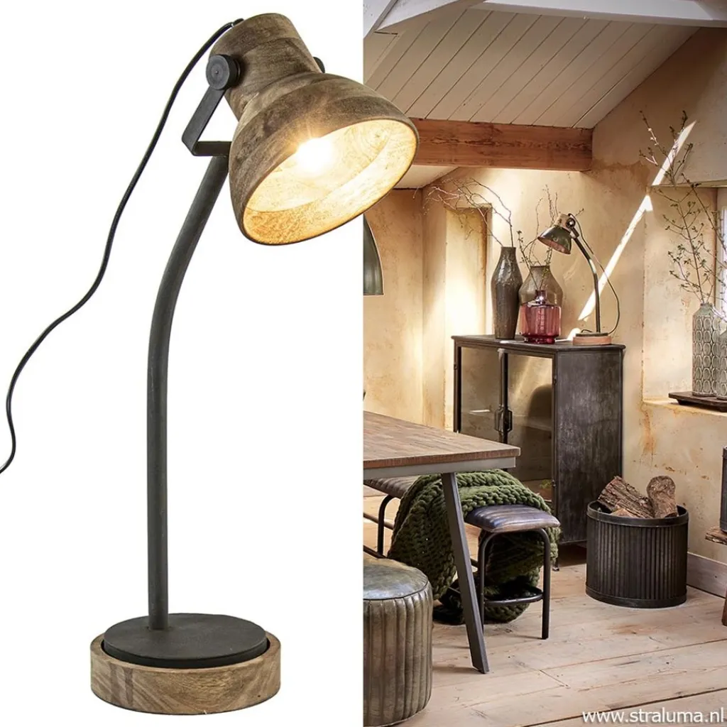 Straluma Bureaulamp Imbert mat zwart metaal met hout> Bureaulampen|Light and Living