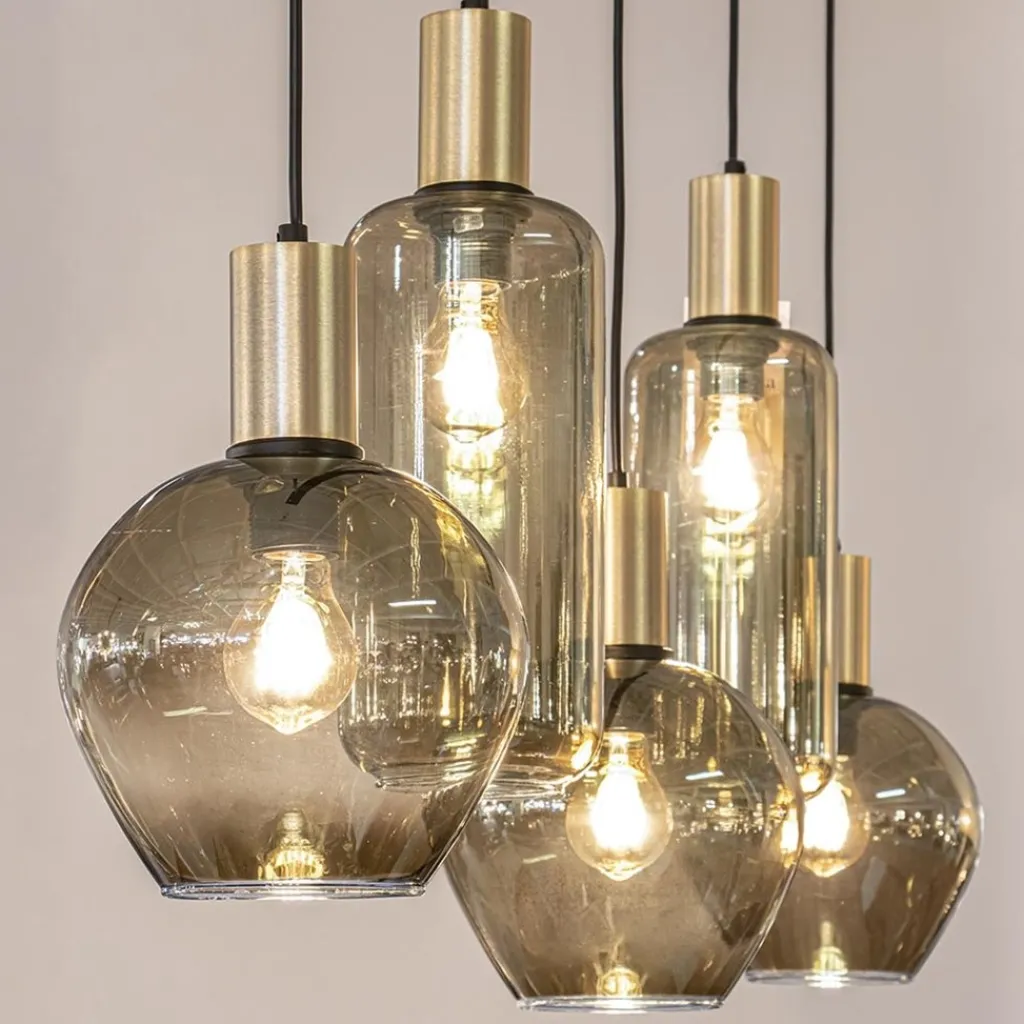 Straluma Chique 5-lichts hanglamp smoke glas met brons> Eettafellampen|Pendel Lampen