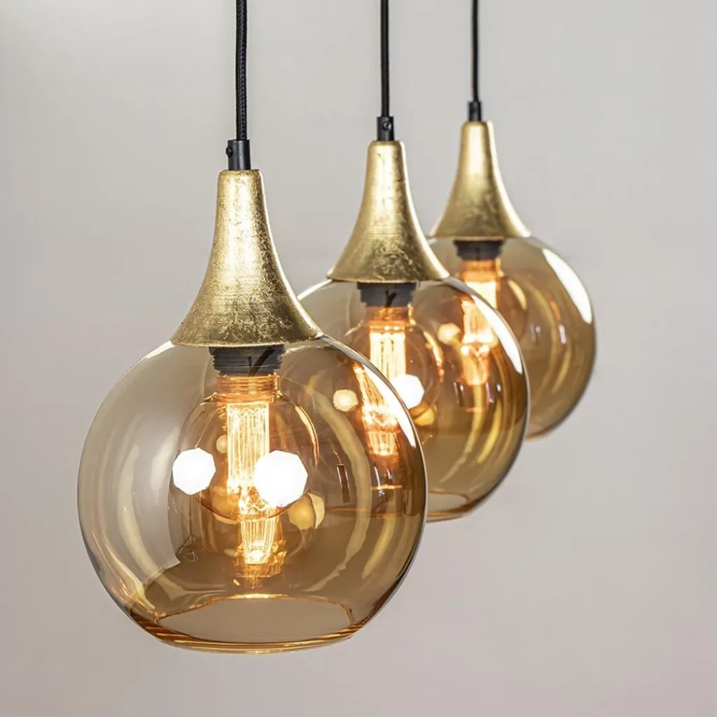 Straluma Chique 3-lichts hanglamp zwart/goud met amber glas> Eettafellampen|Pendel Lampen