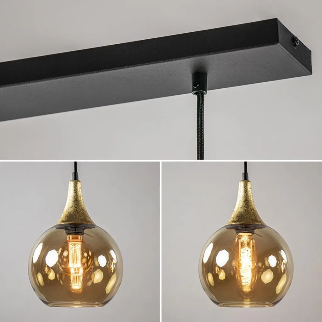 Straluma Chique 3-lichts hanglamp zwart/goud met amber glas> Eettafellampen|Pendel Lampen