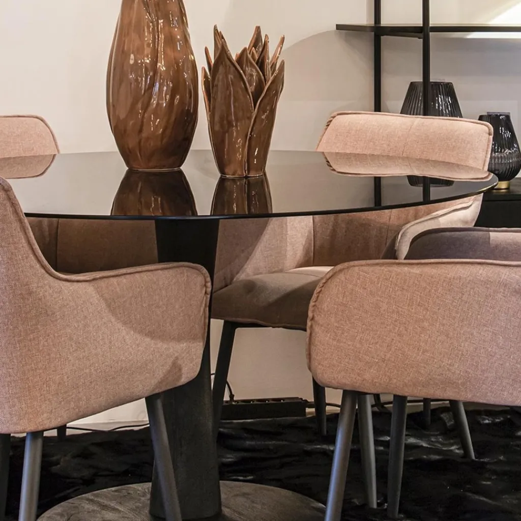 Straluma Eetkamertafel ronde glazen plaat zwart met mango houten voet> Eettafels