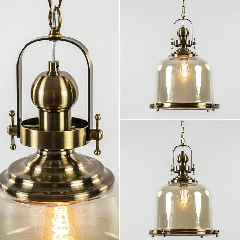 Straluma Grote hanglamp brons met amber glas> Eettafellampen|Woonkamerlampen
