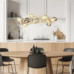 Straluma Grote hanglamp goud met amber/smoke glazen bollen></noscript> Hanglampen|Eettafellampen