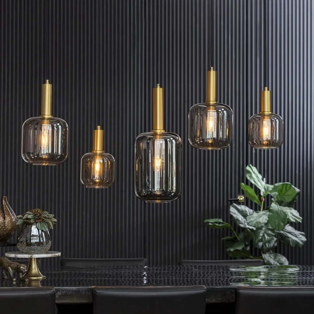 Straluma Grote hanglamp Lekar 5-lichts antiek brons met smoke glas> Eettafellampen|Light and Living