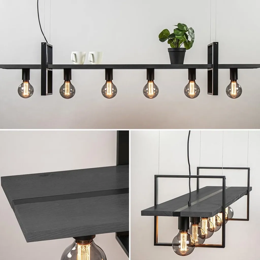 Straluma Grote hanglamp zwart frame met houten planken> Eettafellampen|Eetkamerverlichting