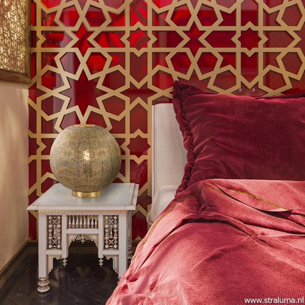 Straluma Grote tafellamp antiek messing met decoratief dessin> Tafellampen|Landelijke Verlichting