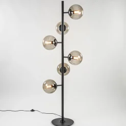 Straluma Grote vloerlamp 6-lichts zwart met smoke glazen bollen> Vloerlampen|Retro Verlichting