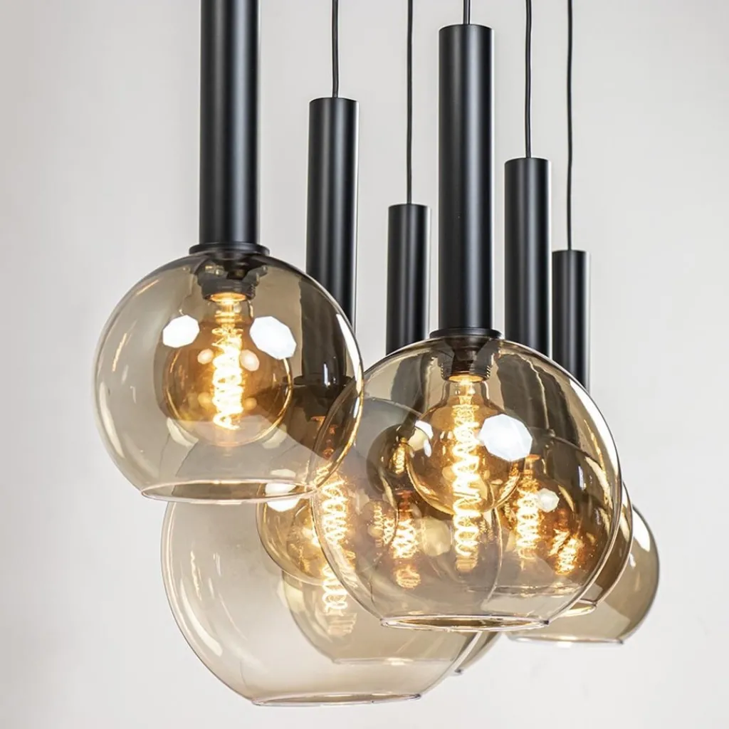 Straluma Hanglamp Bella Smoke 6L multipendel zwart/glas mix> Eettafellampen|Pendel Lampen