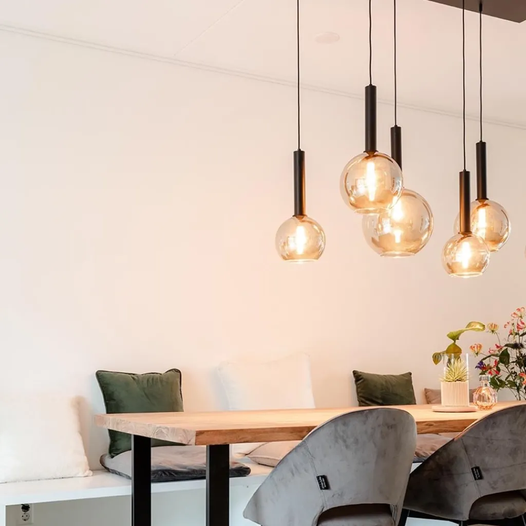 Straluma Hanglamp Bella Smoke 6L multipendel zwart/glas mix> Eettafellampen|Pendel Lampen