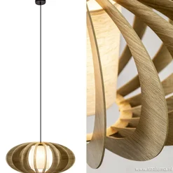 Straluma Hanglamp 64cm houten lamellen+linnen kap></noscript> Eettafellampen|Slaapkamerlampen