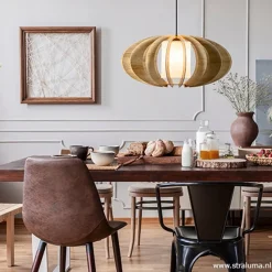 Straluma Hanglamp 64cm houten lamellen+linnen kap></noscript> Eettafellampen|Slaapkamerlampen