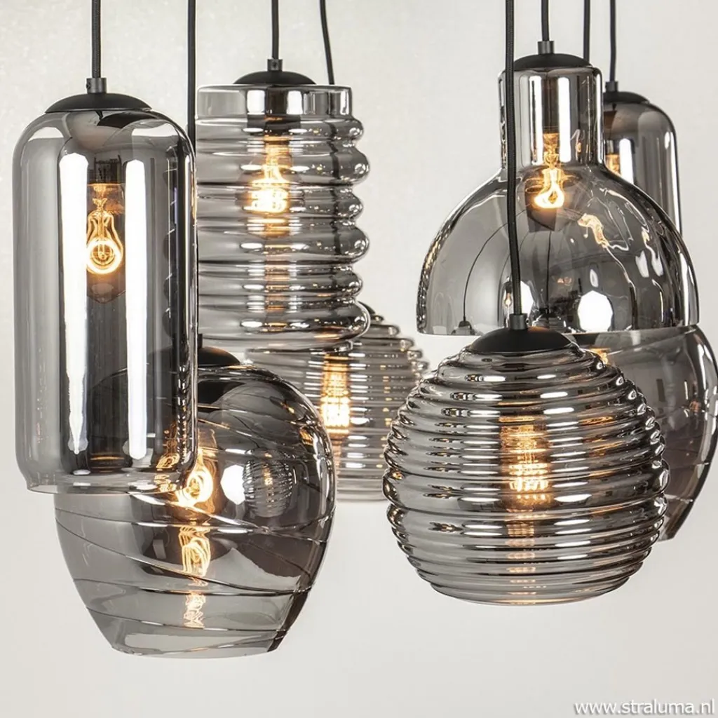Straluma Hanglamp Fantasy 8L zwart + smoke glas mix> Eettafellampen|Pendel Lampen