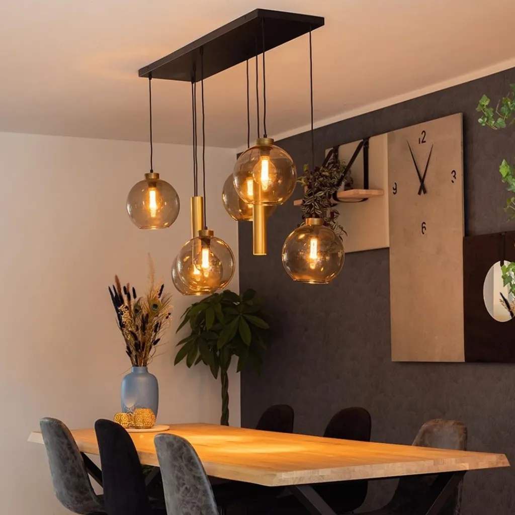 Straluma Hanglamp Globe 8L 6x glas/2xbuis goud> Eettafellampen|Pendel Lampen