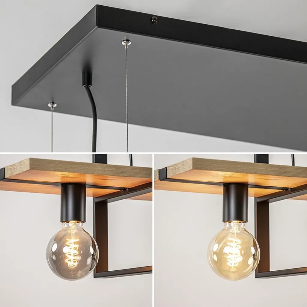 Straluma Hanglamp 4L zwart met houten planken> Eettafellampen|Eetkamerverlichting