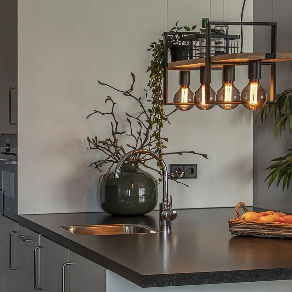 Straluma Hanglamp 4L zwart met houten planken> Eettafellampen|Eetkamerverlichting