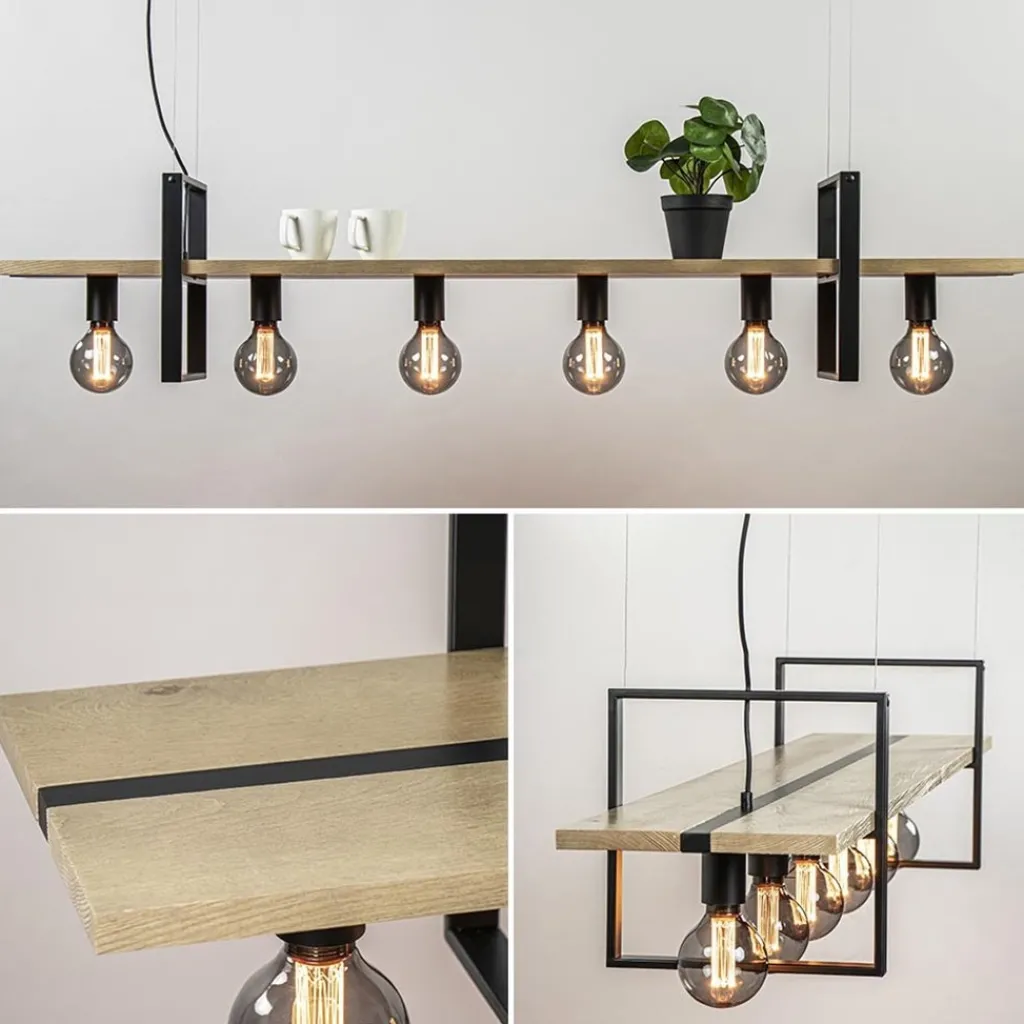 Straluma Hanglamp 6L zwart met houten planken> Eettafellampen|Keukenverlichting