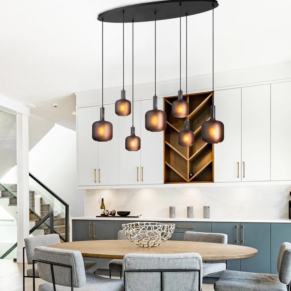 Straluma Hanglamp 7-lichts ovaal met mat zwart glas> Eettafellampen|Pendel Lampen