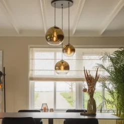 Straluma Hanglamp 3-lichts rond zwart met goud gradient glas></noscript> Hanglampen|Eettafellampen