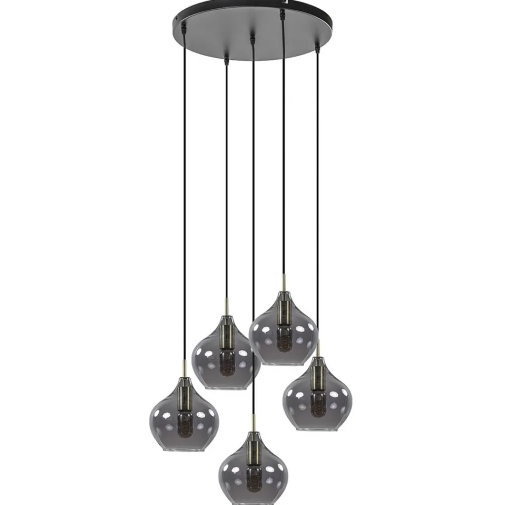 Straluma Hanglamp Rakel 5L rond antiek brass + smoke glas> Eettafellampen|Light and Living