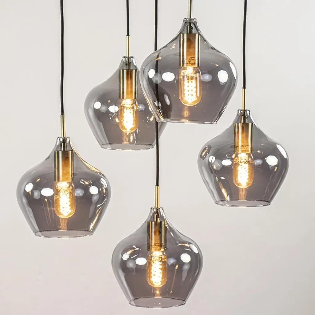 Straluma Hanglamp Rakel 5L rond antiek brass + smoke glas> Eettafellampen|Light and Living