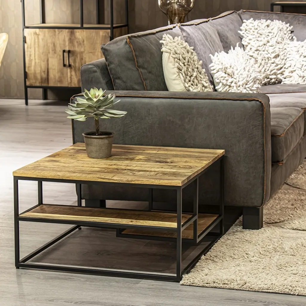 Straluma Hoektafel mangohout met zwart frame 70x70x40 cm> Salontafels|Bijzettafels