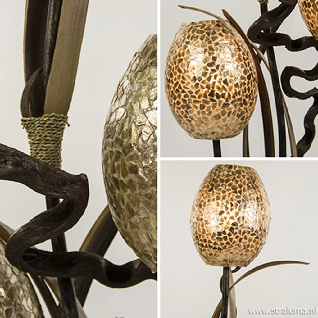 Straluma Houten vloerlamp met kelk van schelpen> Woonkamerlampen|Slaapkamerlampen