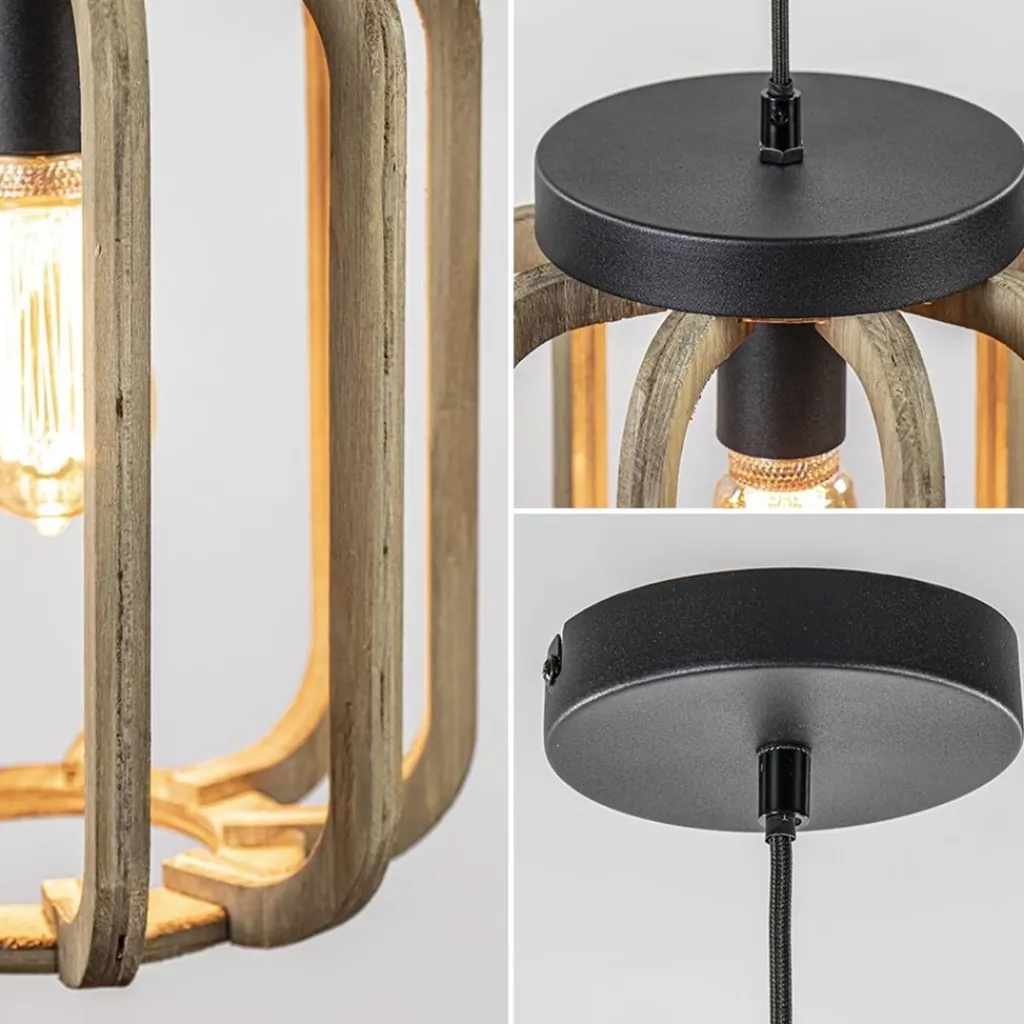 Straluma Industrieel landelijke hanglamp mat zwart met ruw hout> Kooilampen|Woonkamerlampen