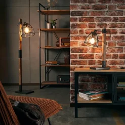 Straluma Industrieel landelijke vloerlamp Matrix hout met metalen korf><noscript><img width=