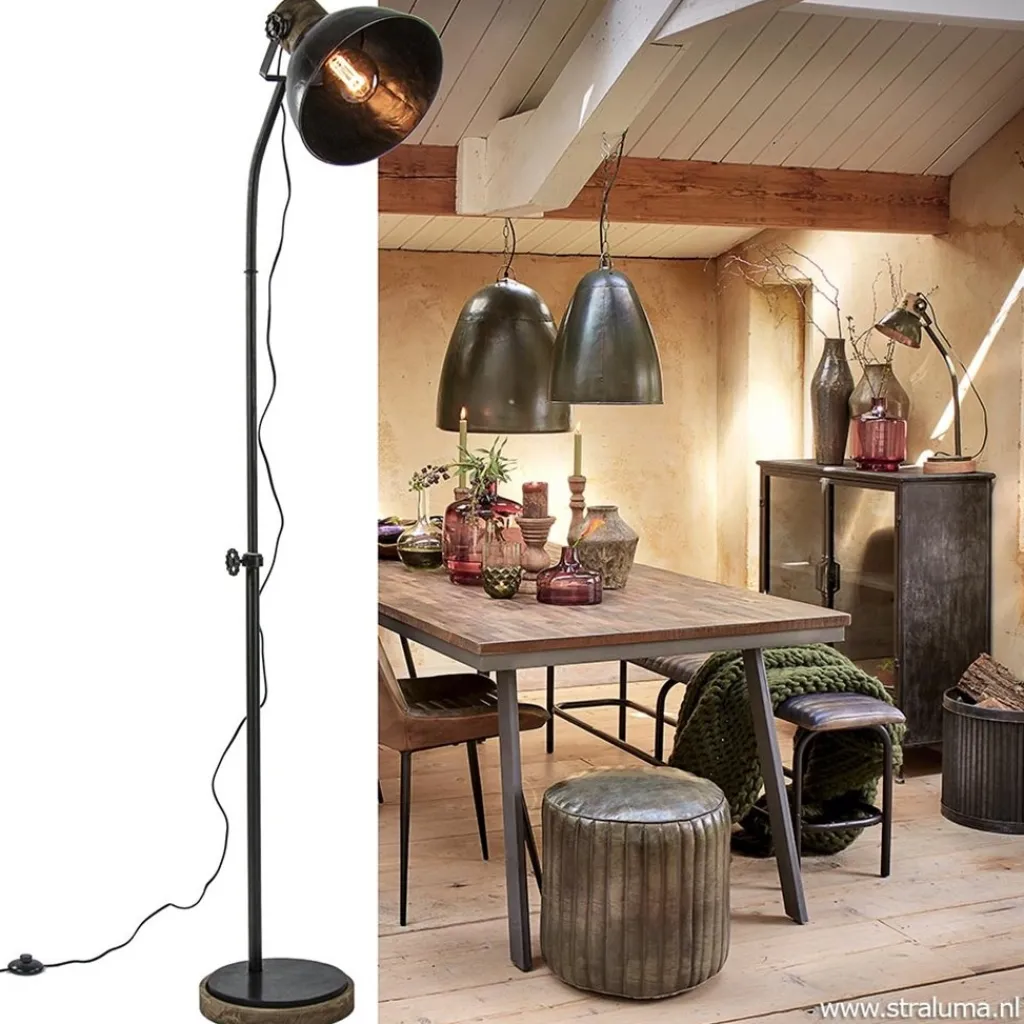 Straluma Industrieel landelijke vloerlamp Jody zink met hout> Vloerlampen|Light and Living