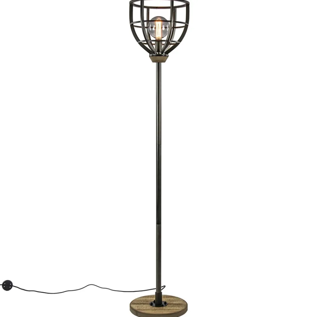 Straluma Industriële vloerlamp zwart staal met houten details> Vloerlampen|Industriële Verlichting