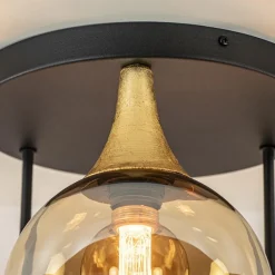 Straluma Klassieke plafondlamp zwart/goud met amber glas></noscript> Woonkamerlampen|Slaapkamerlampen