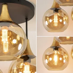 Straluma Klassieke plafondlamp zwart/goud met amber glas></noscript> Woonkamerlampen|Slaapkamerlampen