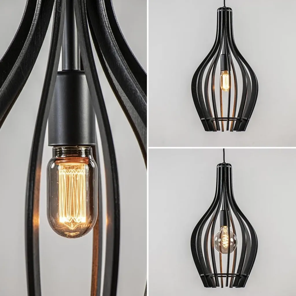 Straluma Kleine hanglamp kegel houten lamellen zwart> Eetkamerverlichting|Hanglampen