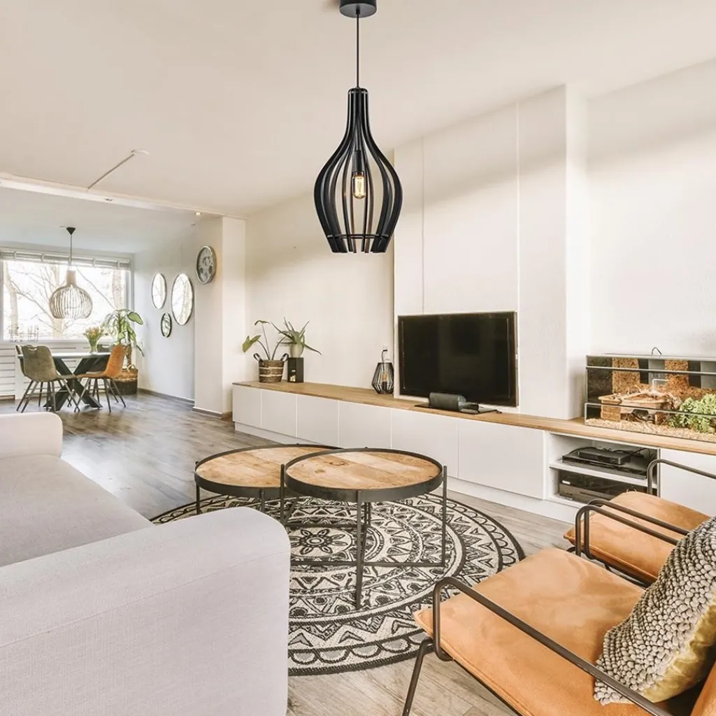 Straluma Kleine hanglamp kegel houten lamellen zwart> Eetkamerverlichting|Hanglampen