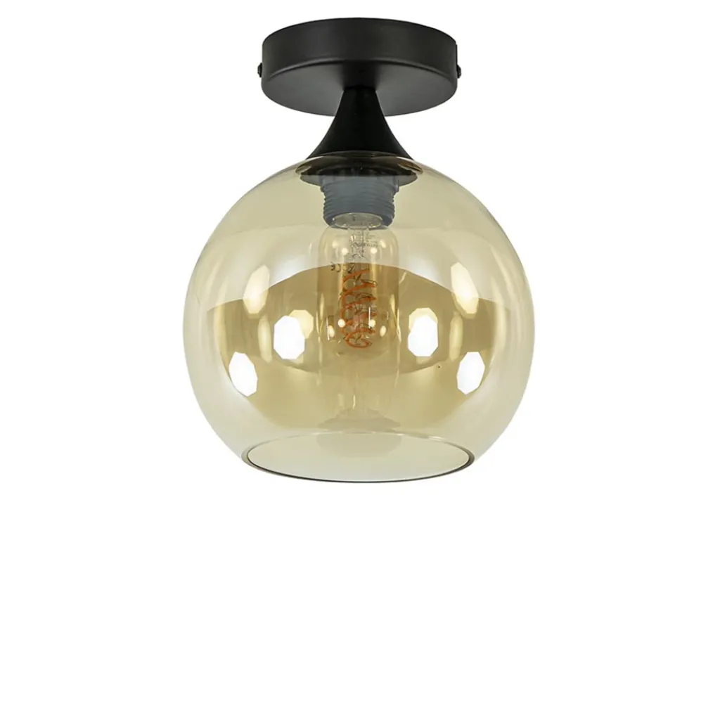 Straluma Kleine plafondlamp zwart met amber glazen bol> Plafondlampen|Klassieke Verlichting