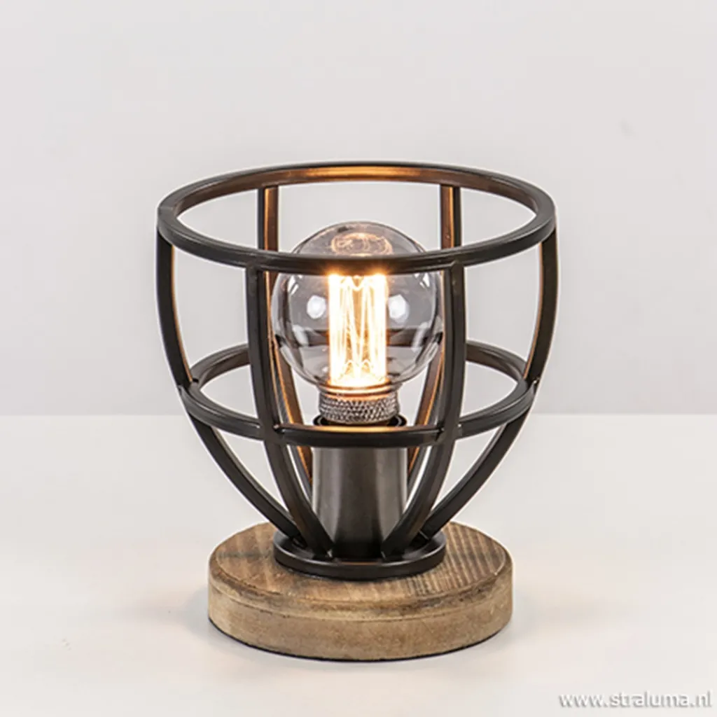Straluma Kleine tafellamp Matrix zwart met hout> Kooilampen|Slaapkamerlampen