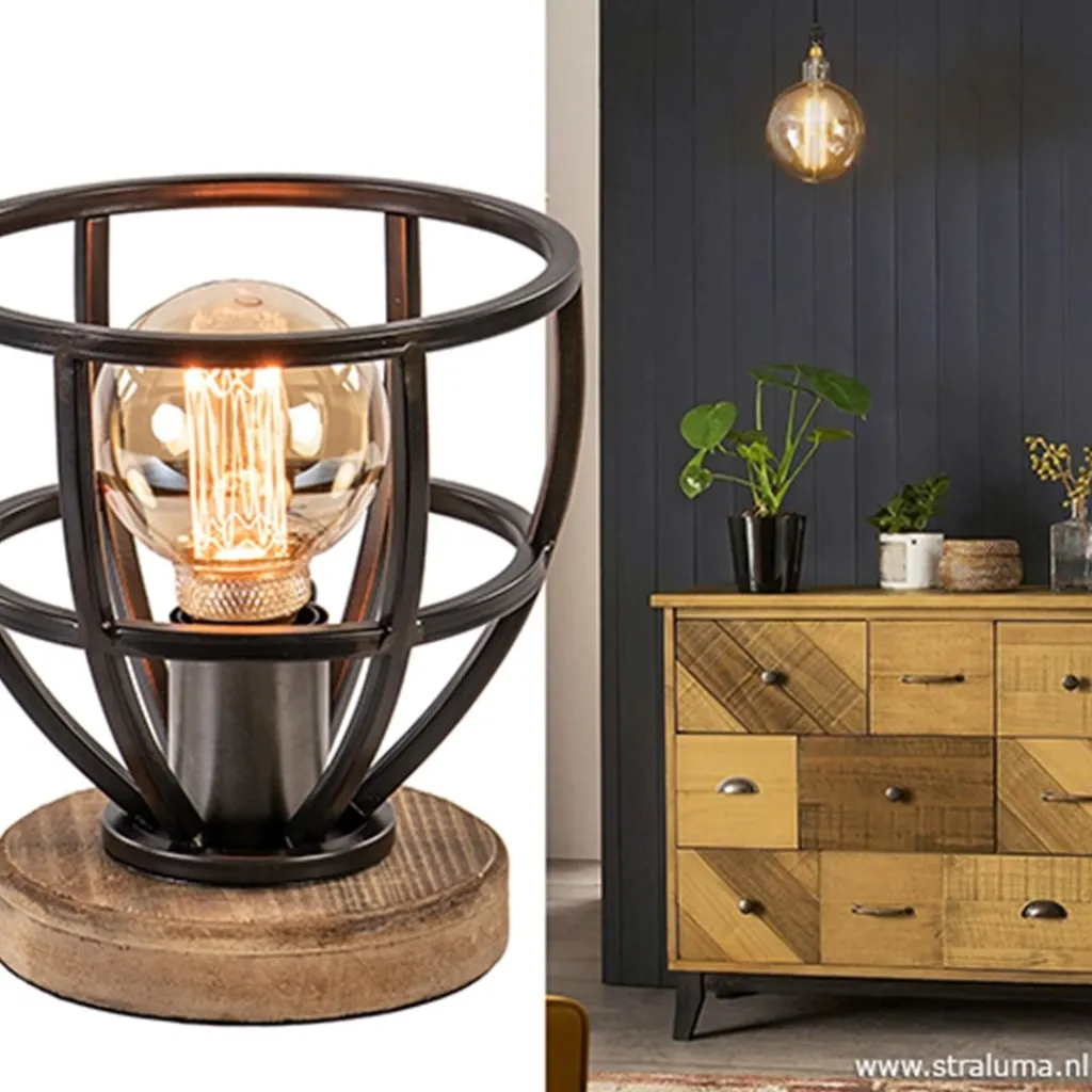 Straluma Kleine tafellamp Matrix zwart met hout> Kooilampen|Slaapkamerlampen