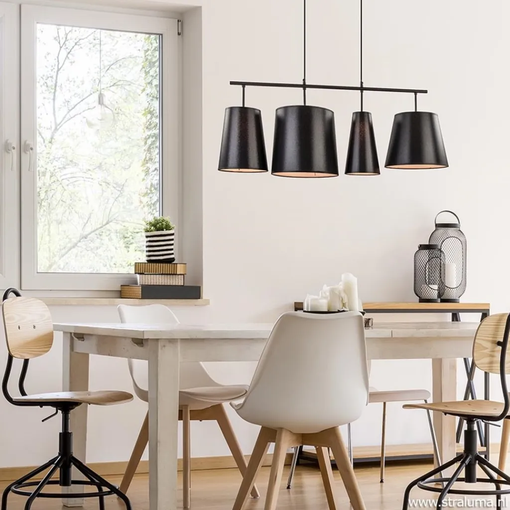 Straluma 4-L Hanglamp met zwarte kappen> Eettafellampen|Keukenverlichting