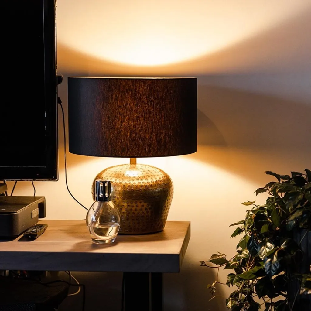 Straluma Lampenkap zwart/goud cilinder met gouden binnenzijde, hoogte 20cm, Ø 35cm, warm omgeslagen> Lampenkappen|Landelijke Verlichting