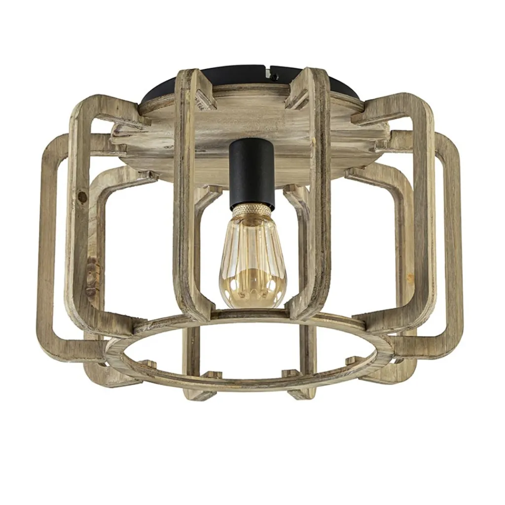 Straluma Landelijke plafondlamp ruw hout mat zwart> Kooilampen|Woonkamerlampen