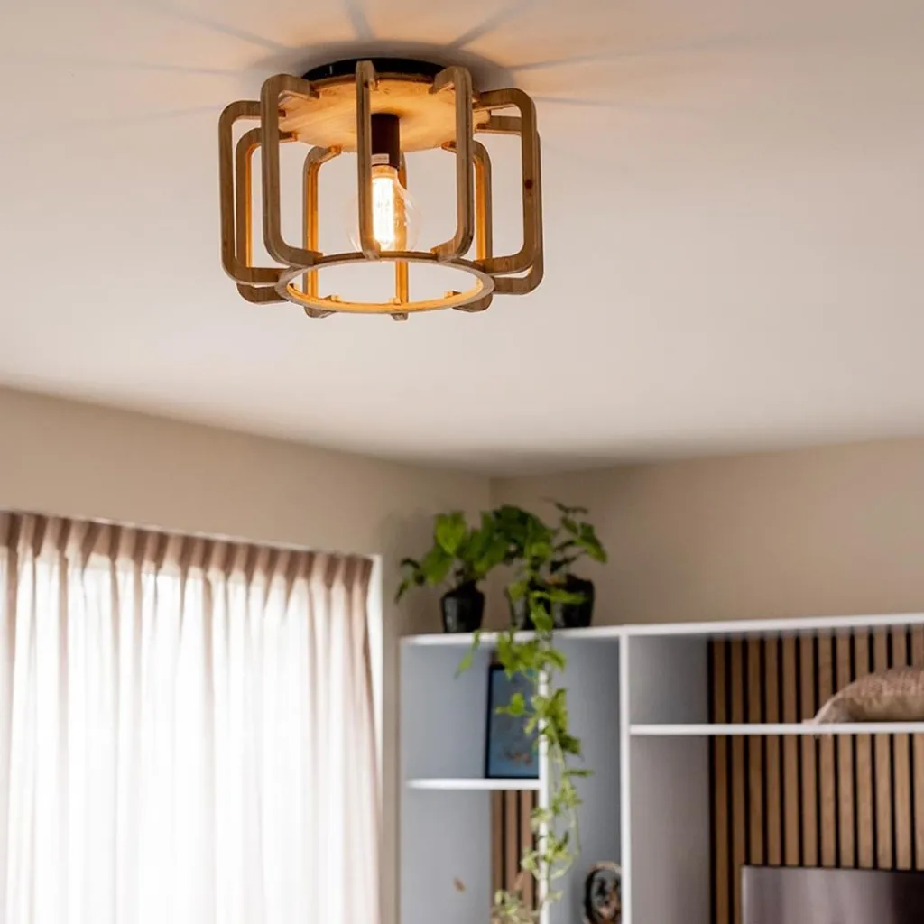 Straluma Landelijke plafondlamp ruw hout mat zwart> Kooilampen|Woonkamerlampen