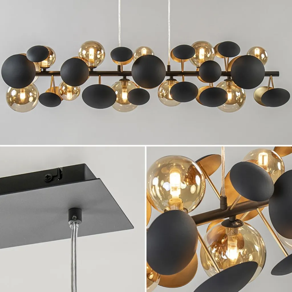 Straluma Langwerpige hanglamp grijs/goud + amber glas> Hanglampen|Eettafellampen