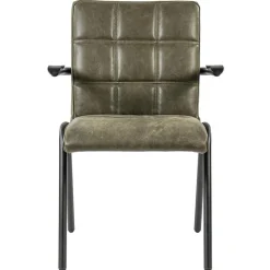 Straluma Lederen armstoel olijf groen met zwart metalen pootjes> Eetkamerstoelen