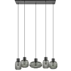 Straluma 5-Lichts eettafelhanglamp geribbeld smoke glas met zwart> Eettafellampen|Eetkamerverlichting