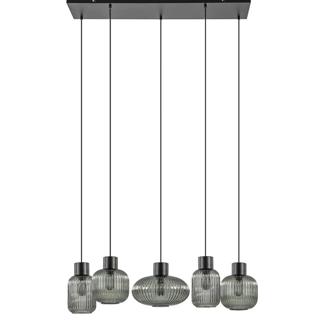Straluma 5-Lichts eettafelhanglamp geribbeld smoke glas met zwart> Eettafellampen|Eetkamerverlichting