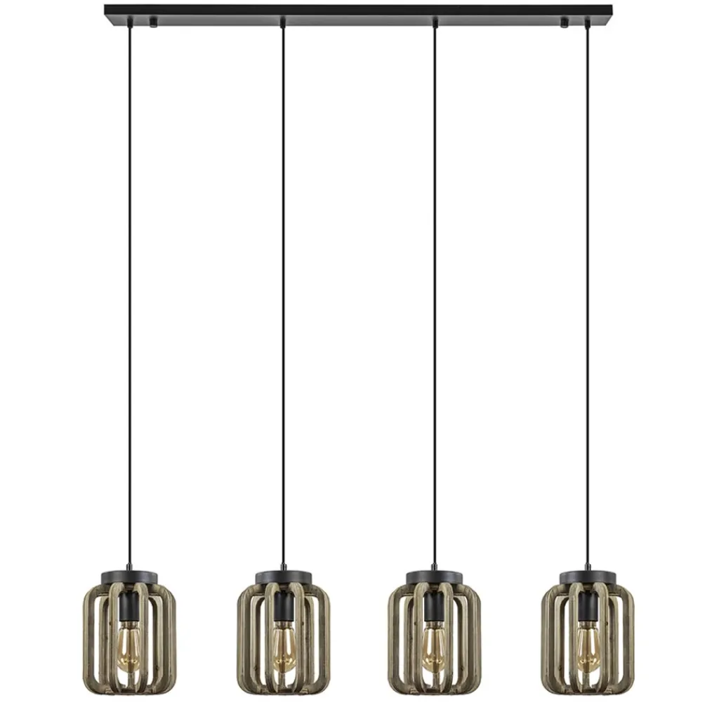 Straluma 4-Lichts eettafelhanglamp mat zwart met ruw hout> Eettafellampen|Kooilampen