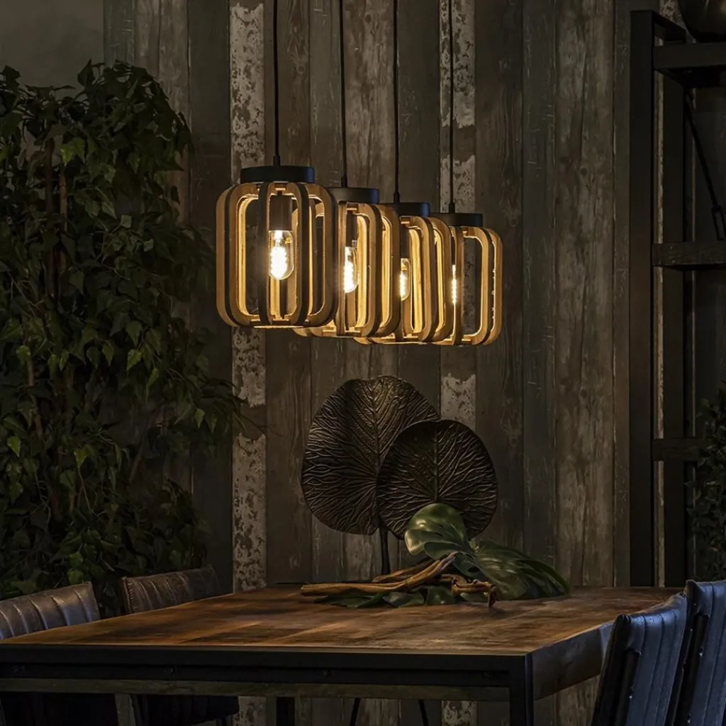 Straluma 4-Lichts eettafelhanglamp mat zwart met ruw hout> Eettafellampen|Kooilampen