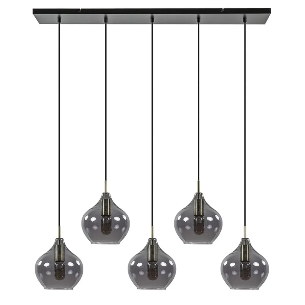 Straluma 5-Lichts eettafelhanglamp Rakel antiek brass met smoke glas> Eettafellampen|Light and Living